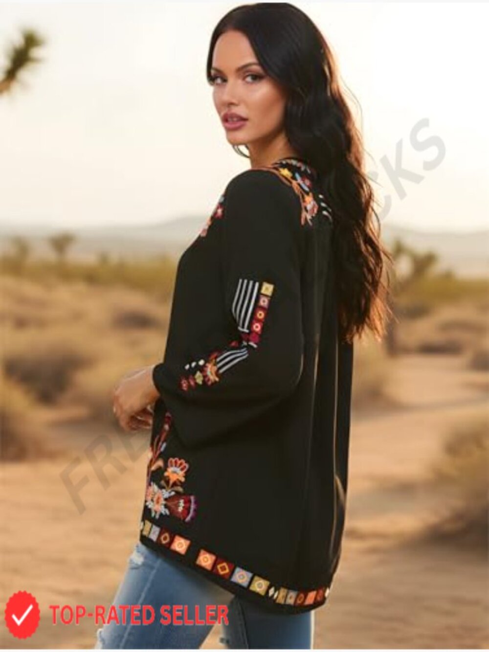 Embroidered Peasant Tunic Blouse Boho Chic Loose Fit Long Sleeve Summer Top - Picture 5 of 7